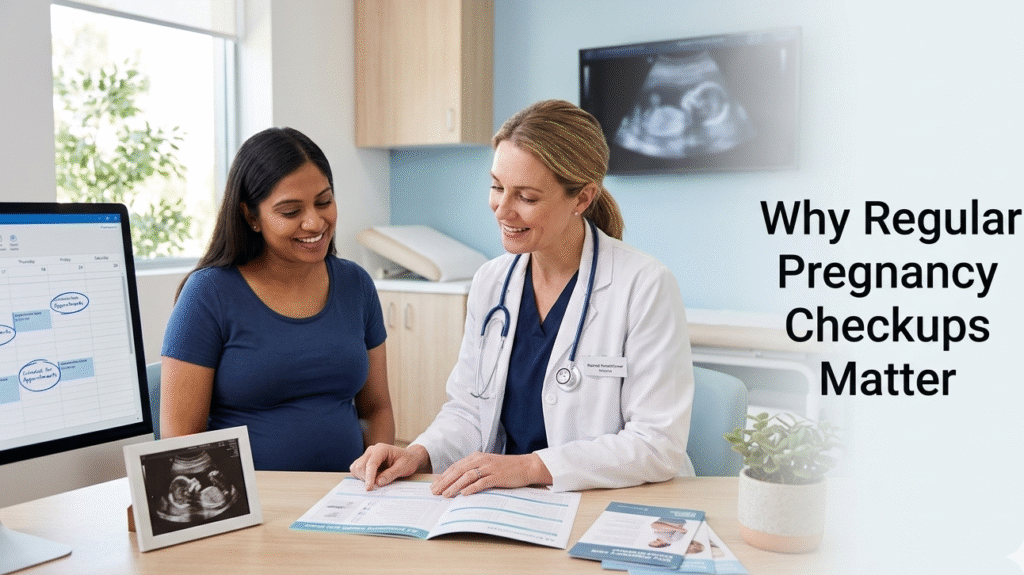 Pregnant woman attending a prenatal checkup with doctor reviewing ultrasound and pregnancy checklist