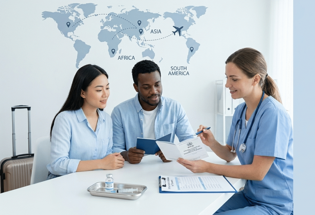 Traveller consulting doctor about travel vaccinations with passport and medical checklist