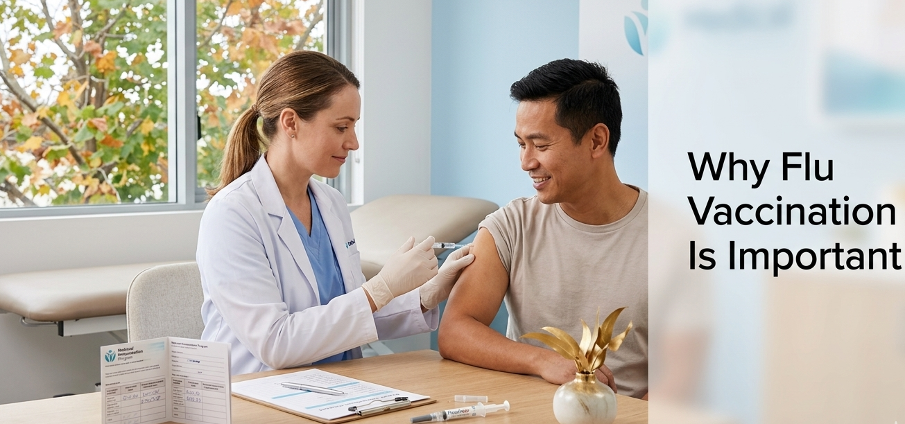 Healthcare professional administering flu vaccine to patient in clinic Perth Australia