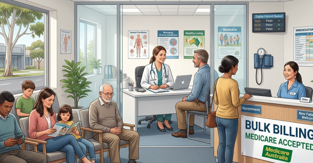 Friendly GP consulting a patient in a modern bulk billing medical clinic in Australia with receptionist and waiting area visible, conveying accessible and affordable healthcare.