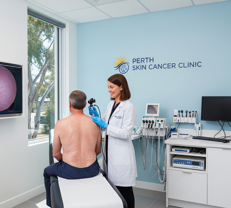 Dermatologist performing a skin cancer check in a Perth clinic