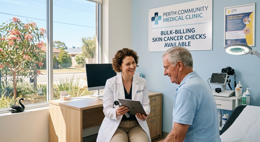 Doctor providing a bulk-billed skin cancer check in Perth clinic