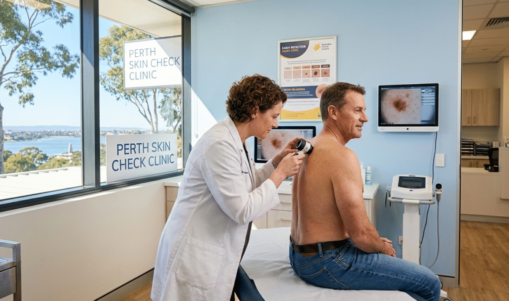 Doctor performing skin cancer screening in Perth clinic
