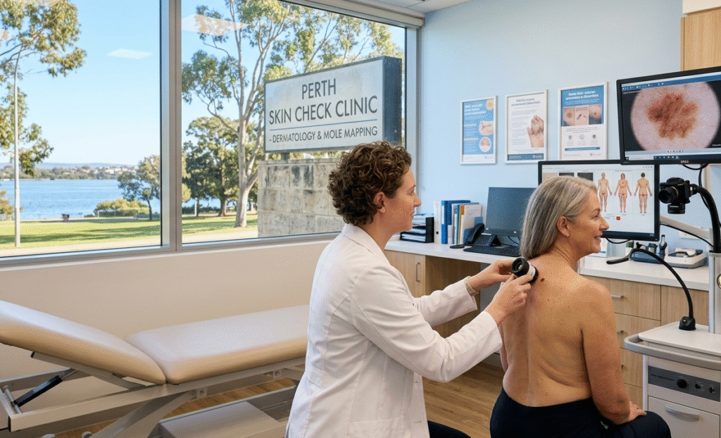 Dermatologist conducting regular skin check in Perth clinic